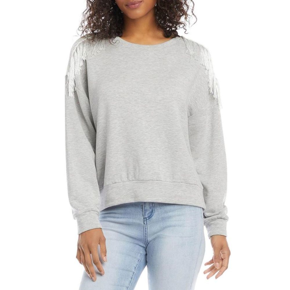 Karen Kane Womens Gray Crewneck Fringe Shirt Sweatshirt Top NWT